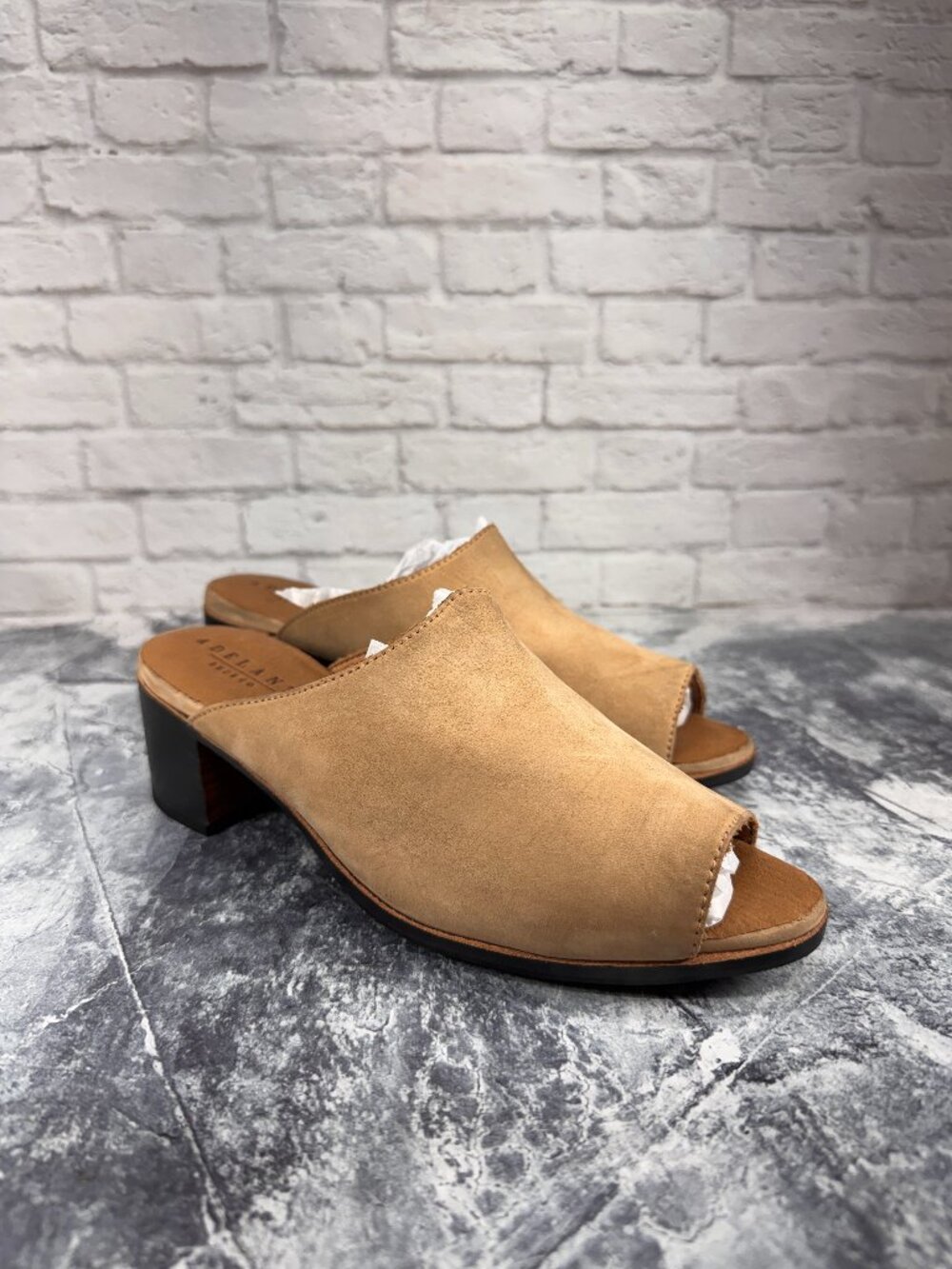 Adelante Shoe Co. Camila Peep Toe Mule in Light Tan Leather W9B